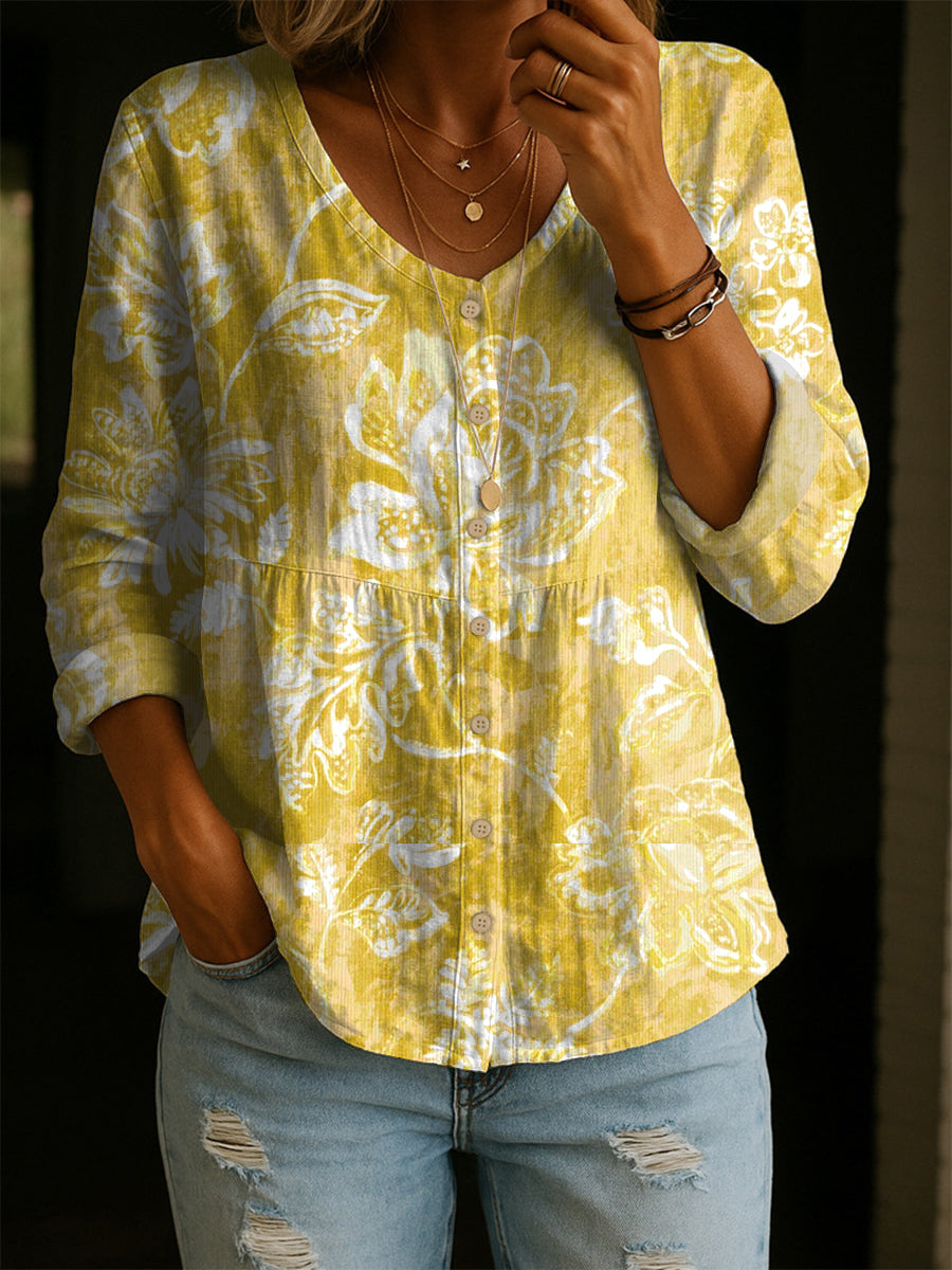 Women's Vintage Flower Art Print Linen Cotton Shirt