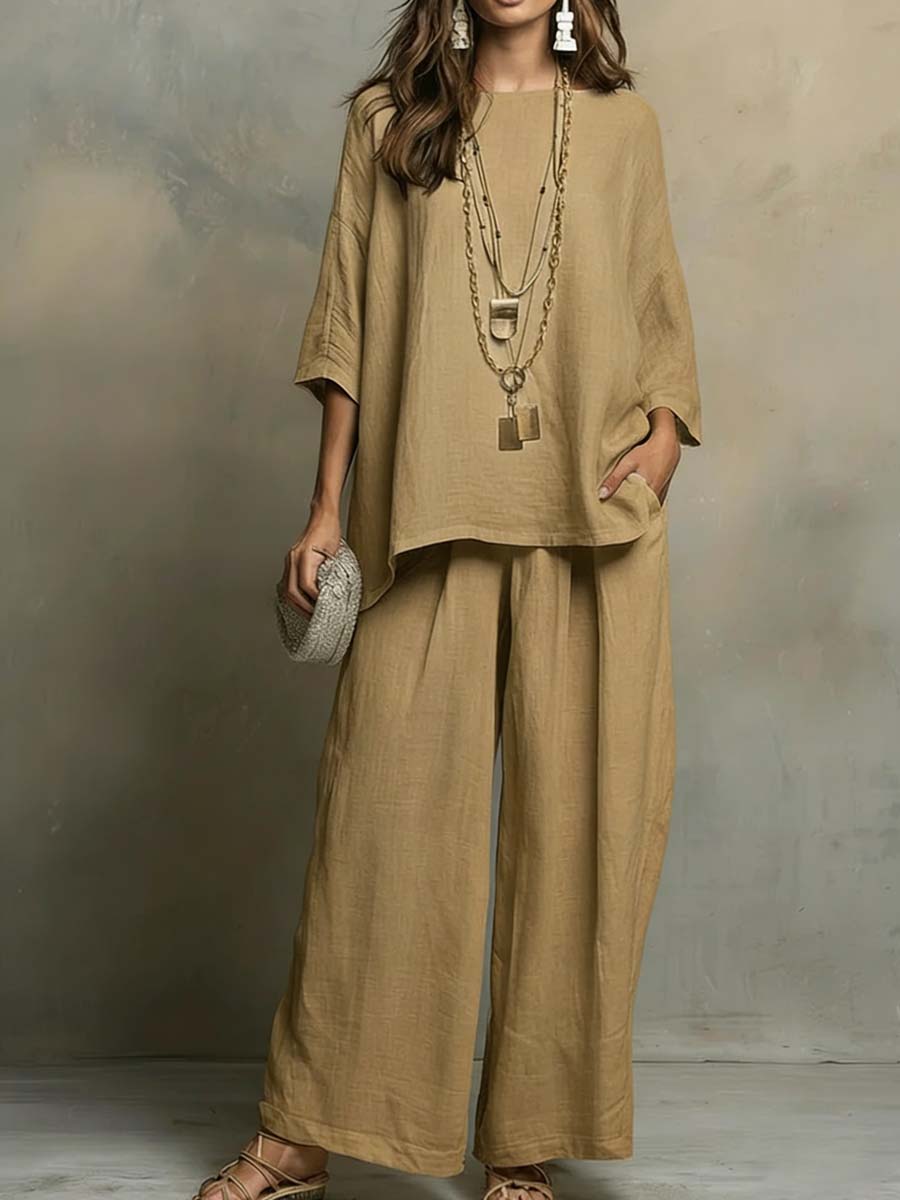 Cozy Cotton-linen Irregular Top And Wide-leg Pants Two-piece Set