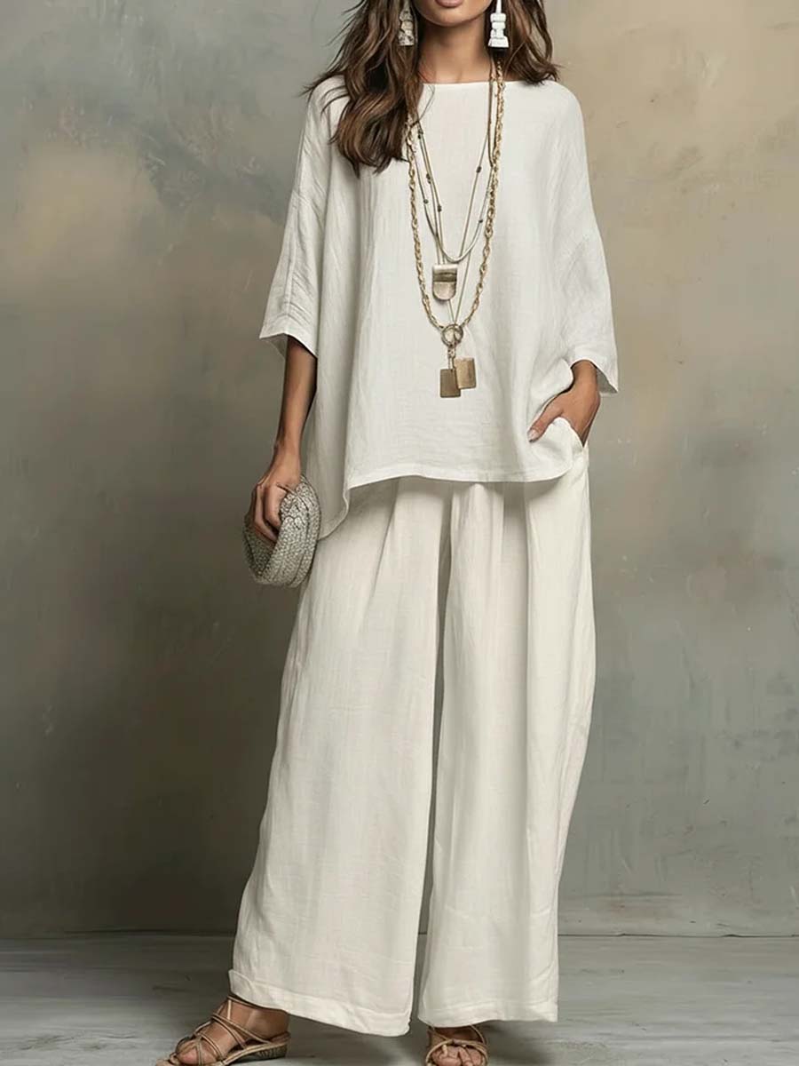 Cozy Cotton-linen Irregular Top And Wide-leg Pants Two-piece Set 