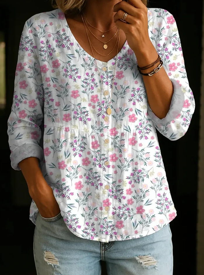 Women's Vintage Flower Art Print Linen Cotton Shirt