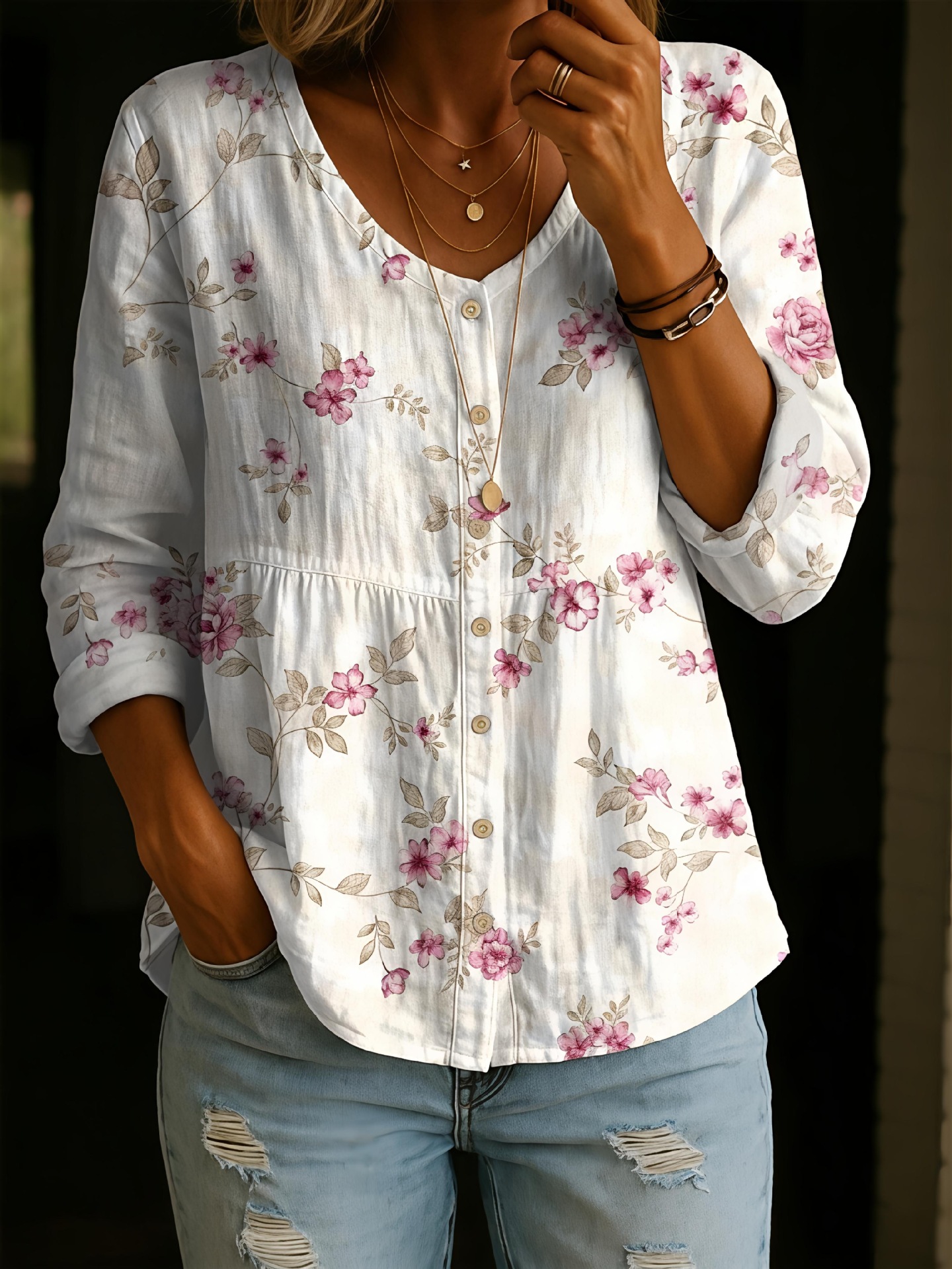 Women's Vintage Flower Art Print Linen Cotton Shirt