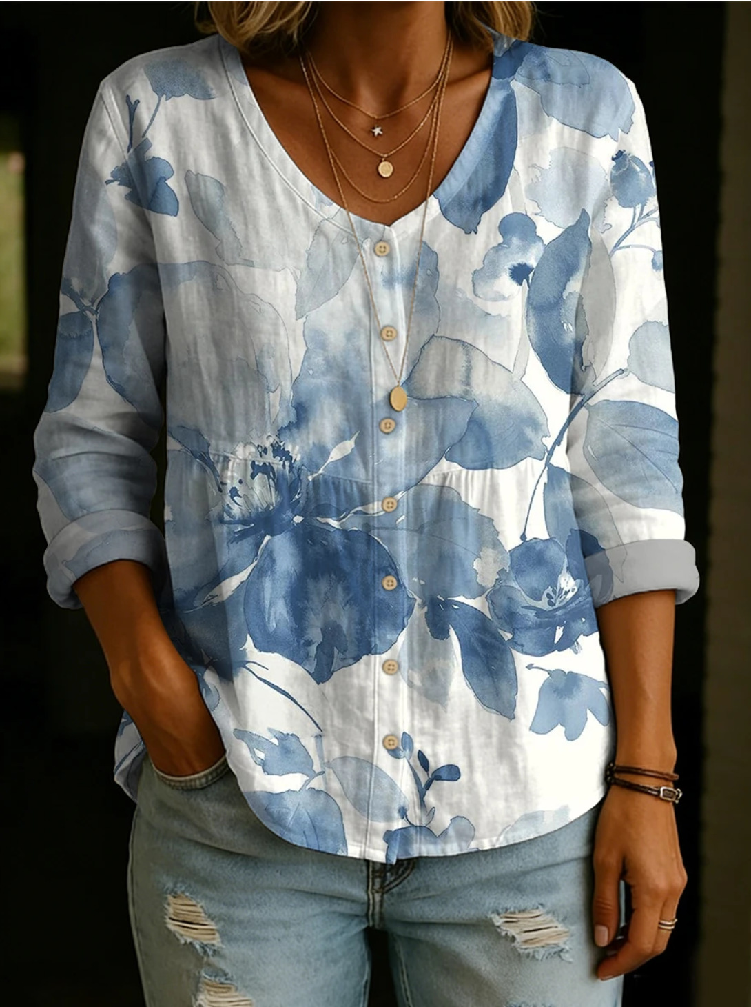 Women's Vintage Flower Art Print Linen Cotton Shirt