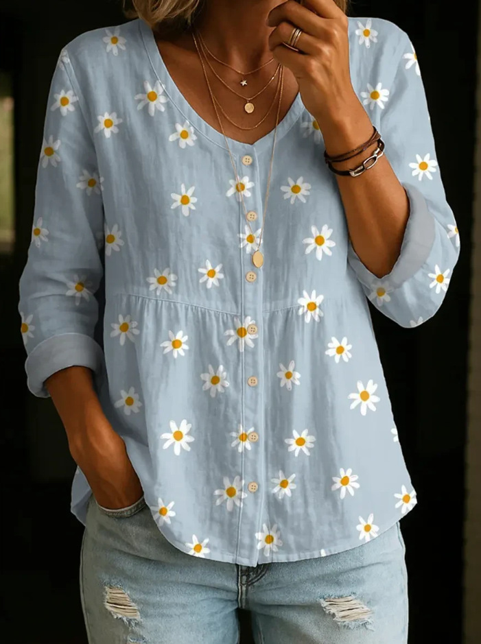 Women's Vintage Flower Art Print Linen Cotton Shirt