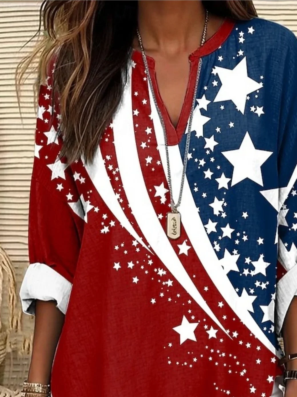 Women 4th of July Patriotic Shirt America Flag V Neck Long Sleeve Blouse Printed Casual Daily Spring/Fall Top