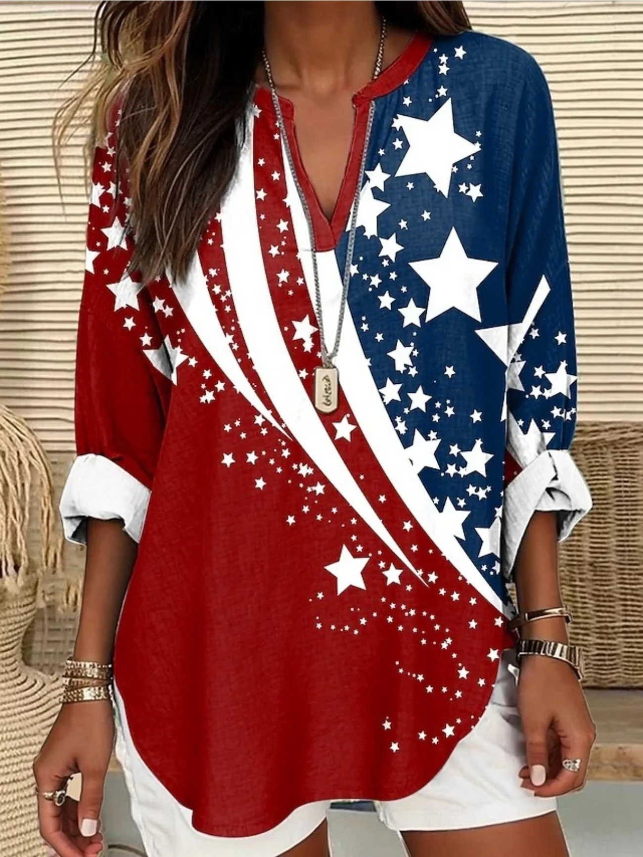 Women 4th of July Patriotic Shirt America Flag V Neck Long Sleeve Blouse Printed Casual Daily Spring/Fall Top
