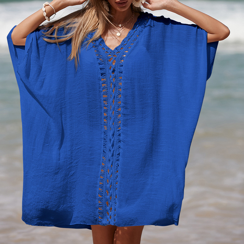 Hand-Crocheted Patchwork V-Neck Solid-Color Loose-Fit Breathable Sun-Protection Mid-Length Beach Cover-up
