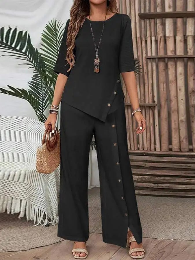 Casual Button Short Sleeve Shirt Irregular Hem Pants Set
