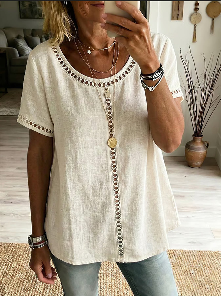 🔥LAST DAY 50% OFF🔥Cozy And Casual Patchwork Linen And Cotton Top With Openwork Weave