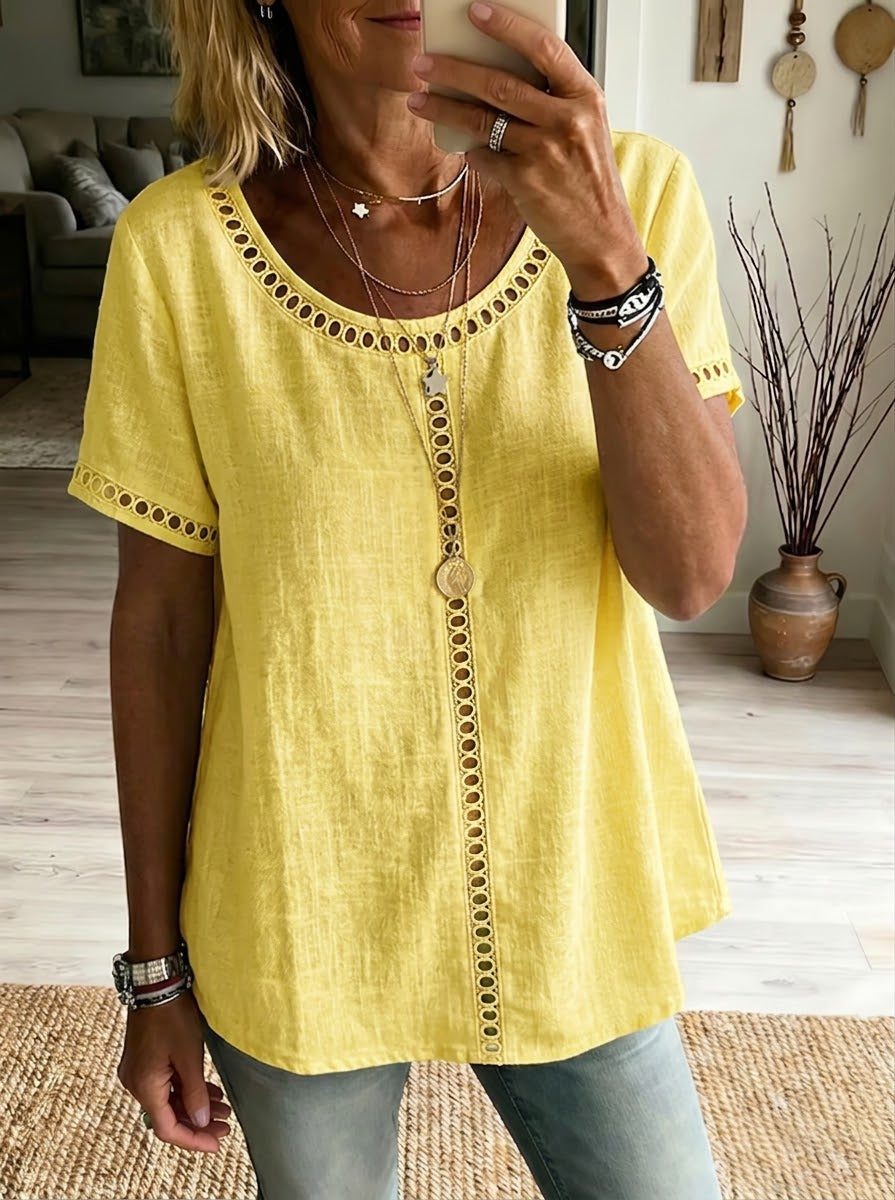 🔥LAST DAY 50% OFF🔥Cozy And Casual Patchwork Linen And Cotton Top With Openwork Weave