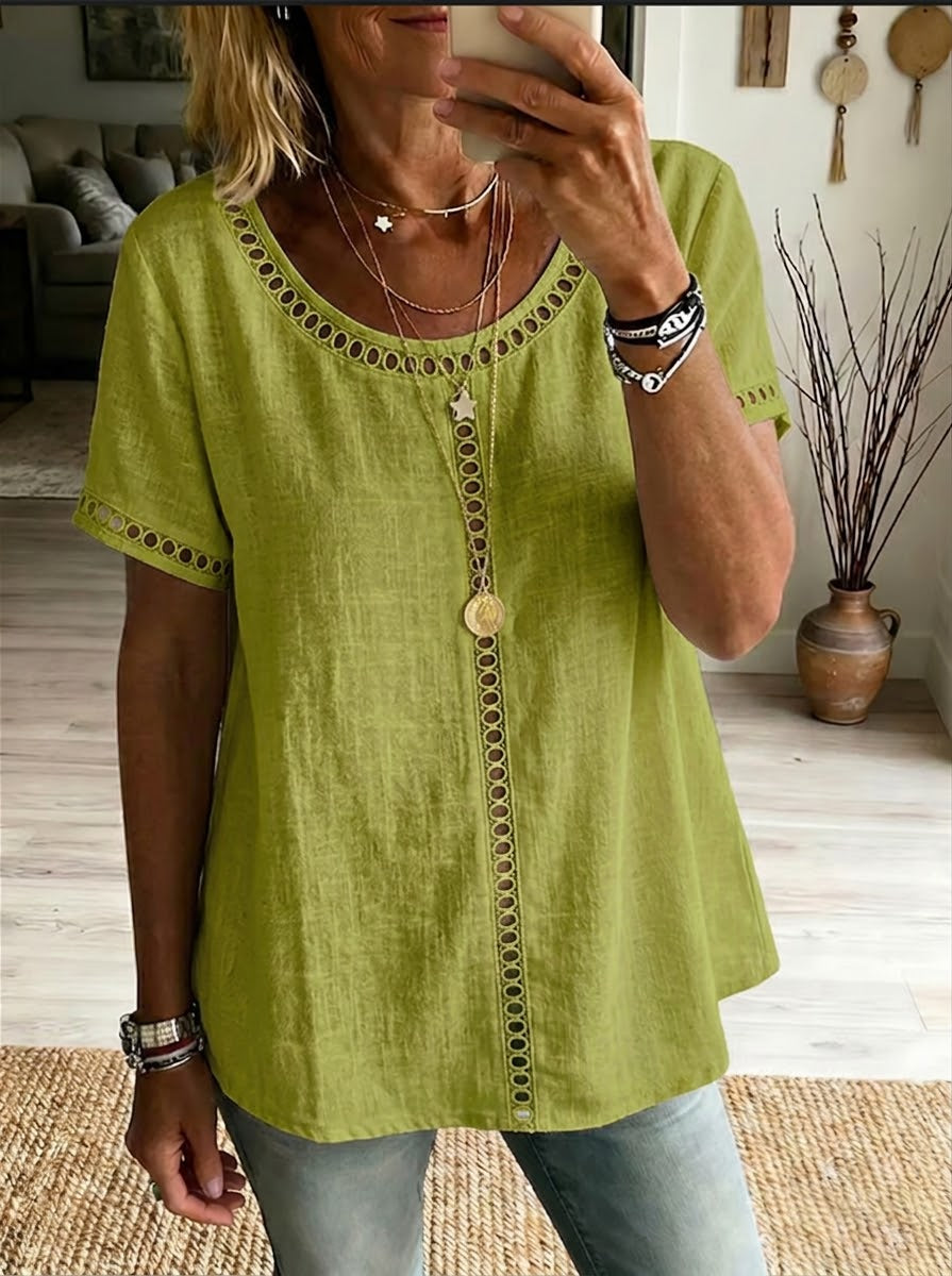 🔥LAST DAY 50% OFF🔥Cozy And Casual Patchwork Linen And Cotton Top With Openwork Weave