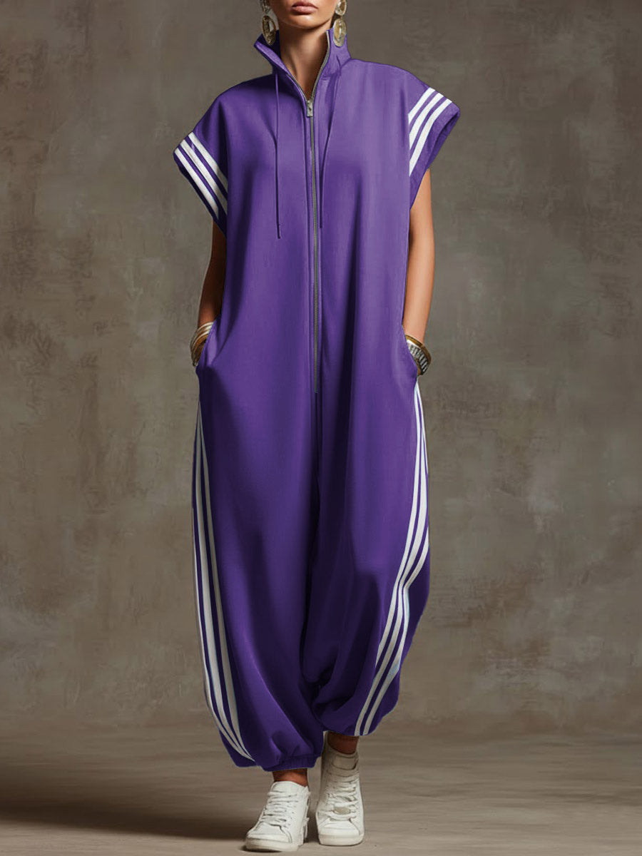 New Arrivals🔥Women's Relaxed Stand-collar Short-sleeved Casual Loose Cotton Wide-leg Jumpsuit