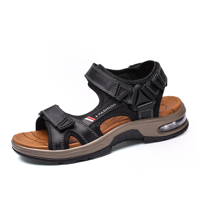 Leather men's sandals with air cushioning for softness, comfort, and relief from foot pain.