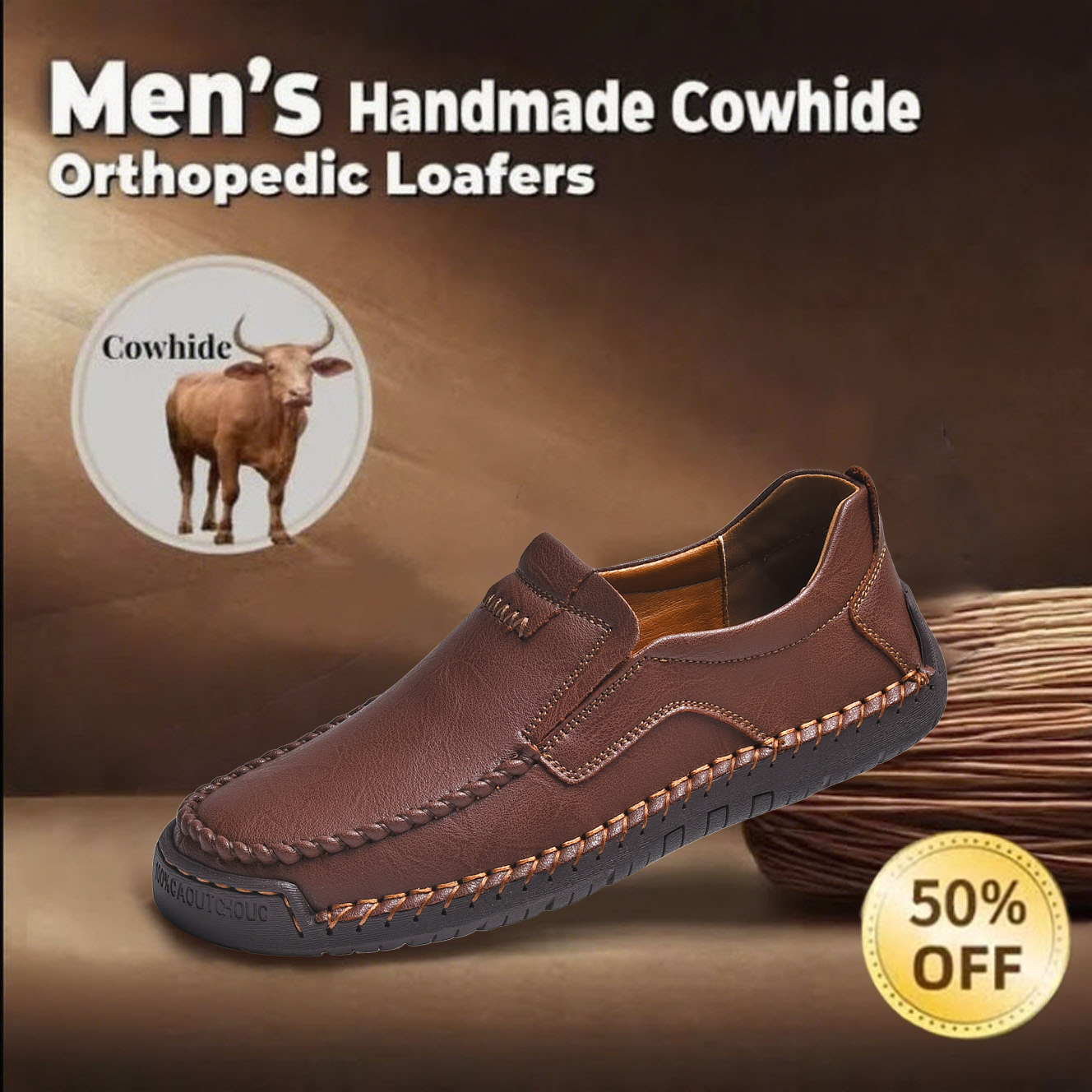 Men's handcrafted genuine leather orthopedic loafers with arch support