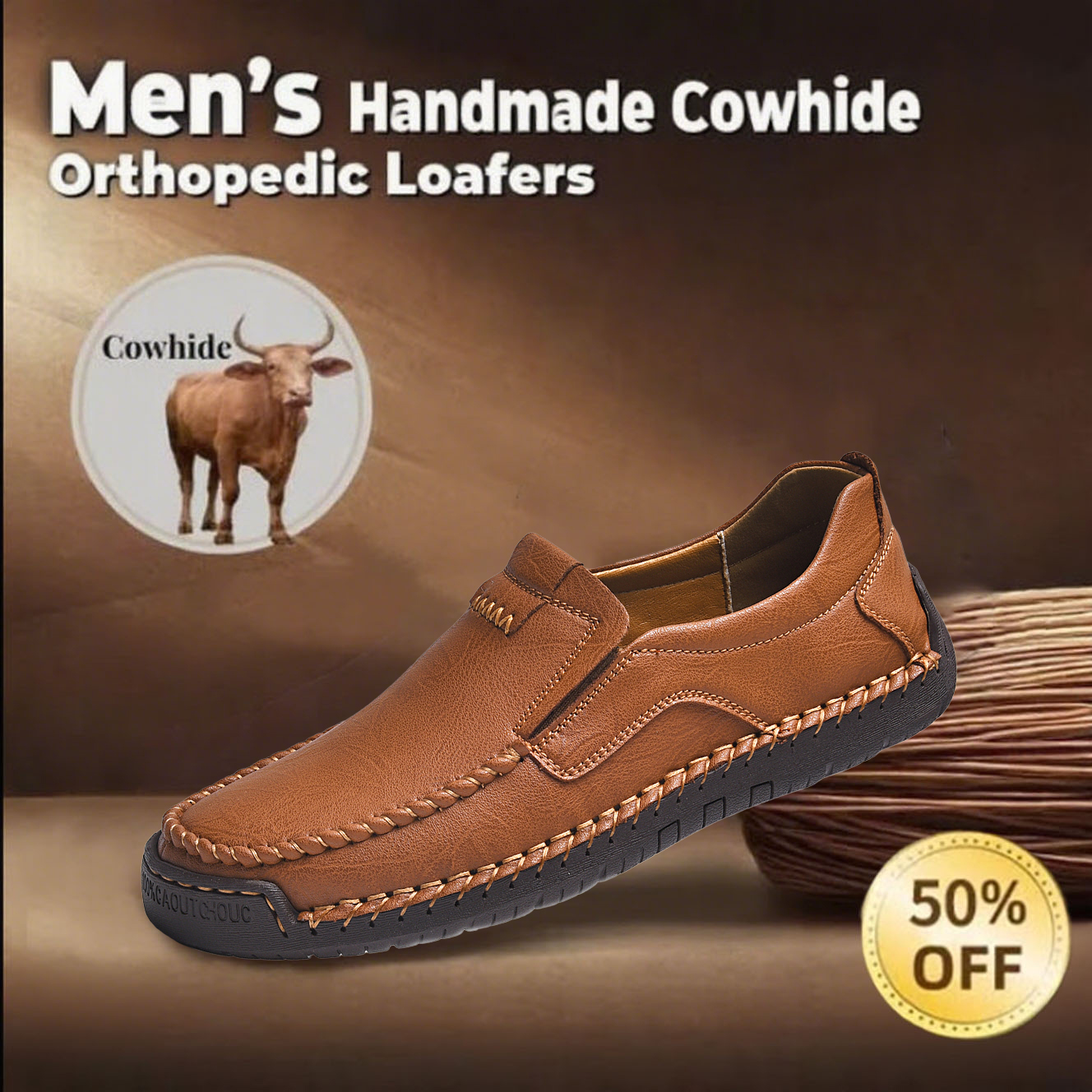 Men's handcrafted genuine leather orthopedic loafers with arch support