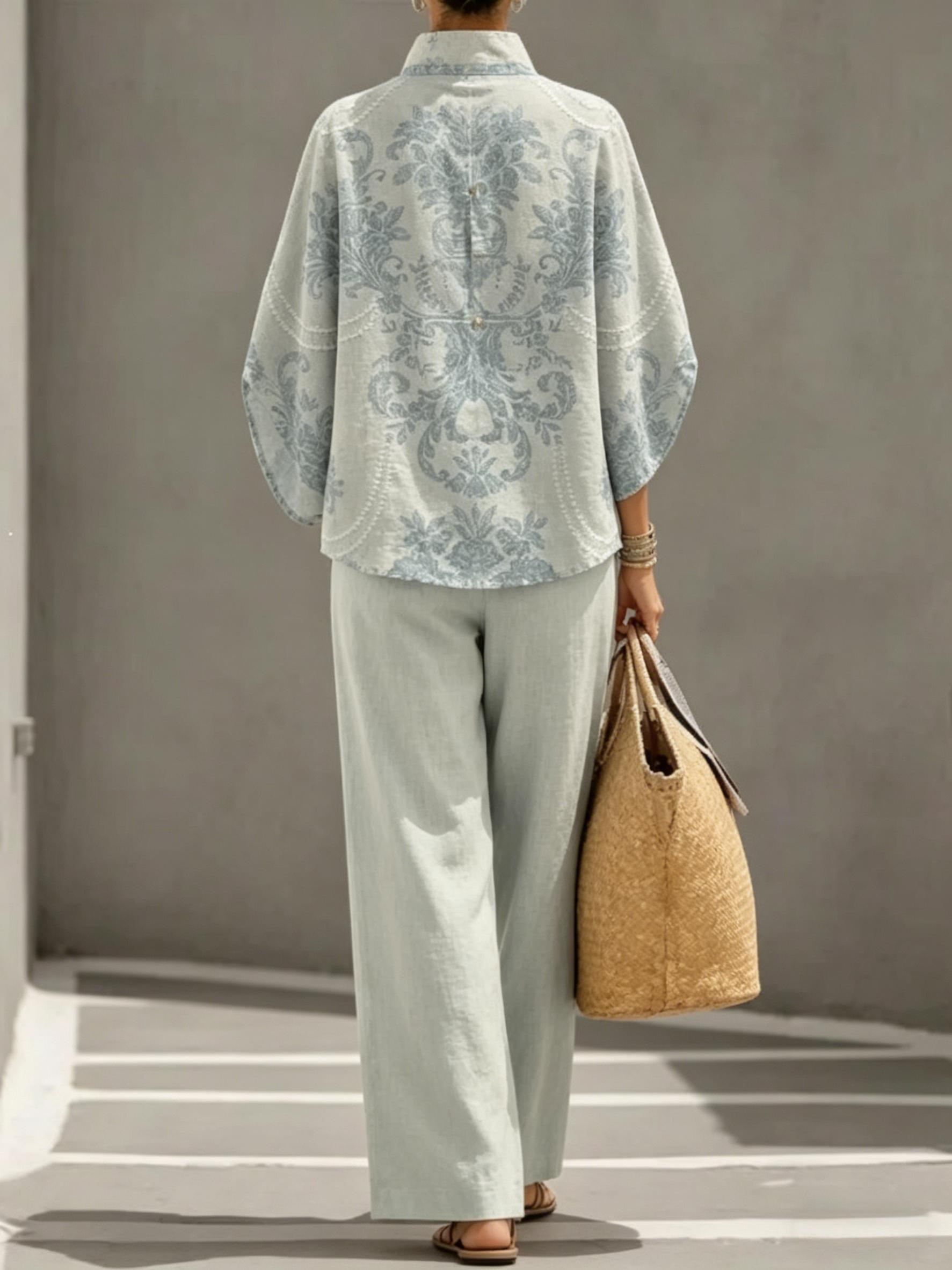 Stand-up collar shirt + wide-leg pants, a relaxed and casual vacation outfit