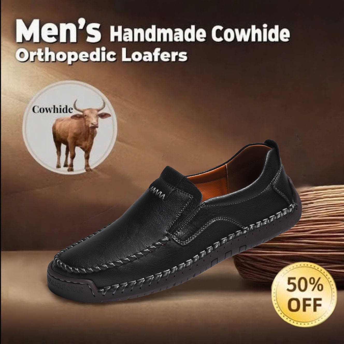 Men's handcrafted genuine leather orthopedic loafers with arch support