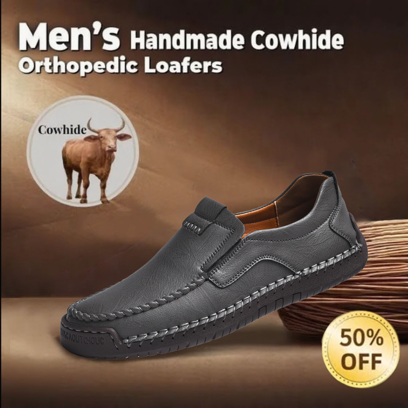 Men's handcrafted genuine leather orthopedic loafers with arch support