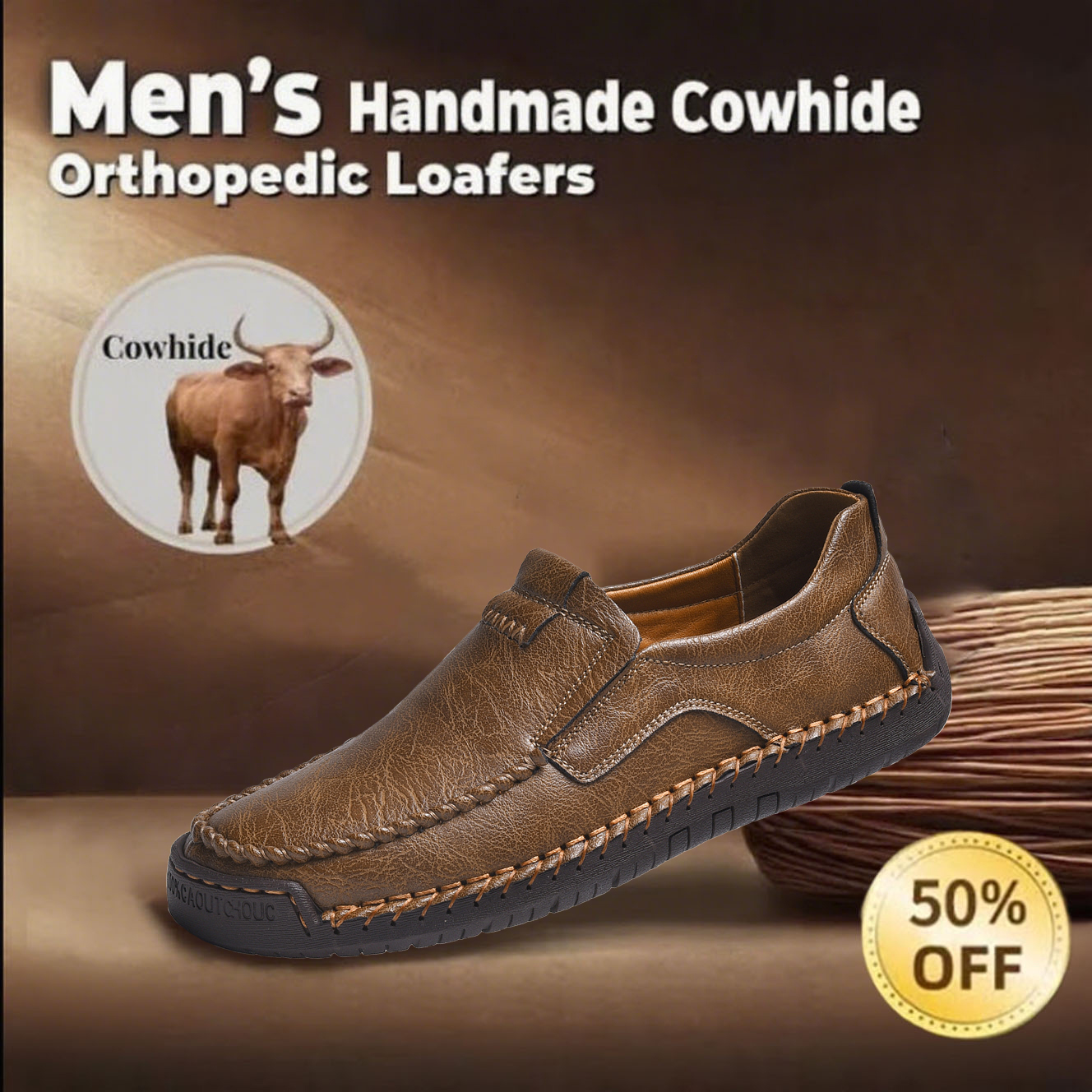 Men's handcrafted genuine leather orthopedic loafers with arch support