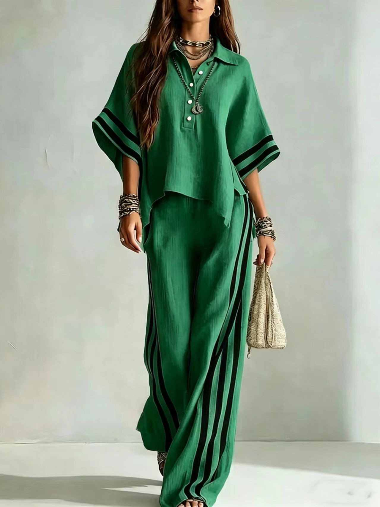 Women's Short-Sleeve Shirt and Pants Two-Piece Set in Green – polyester casual commuter matching