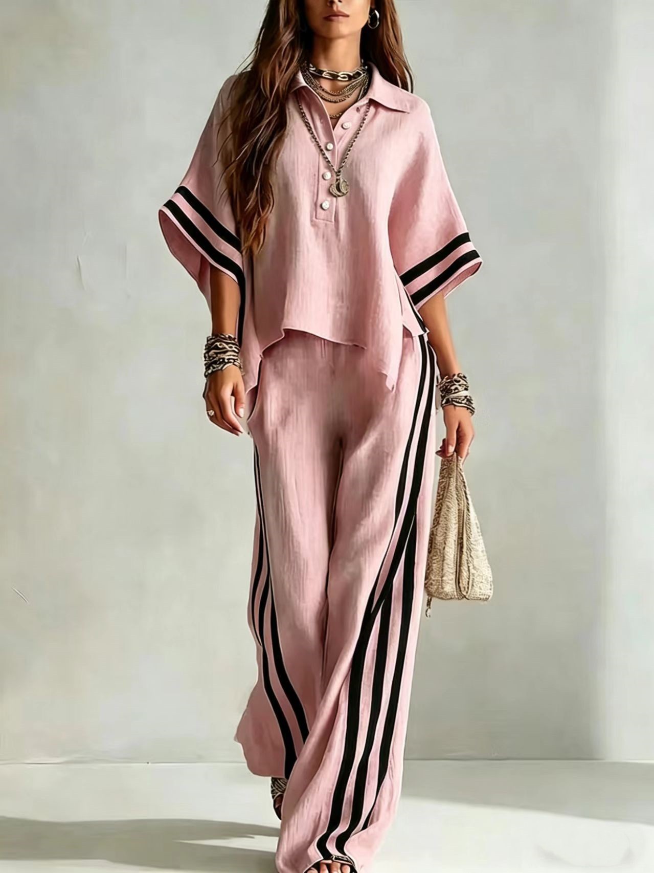Women's Short-Sleeve Shirt and Loose Pants Set in Khaki – polyester casual commuter two-piece