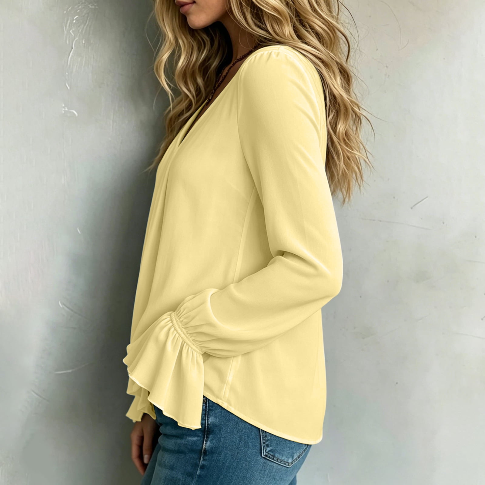 Domzest Womens V Neck Pleated Long Sleeve Loose Fit Blouse Color Elegant Top Casual Flowy Tunic Shirt Lightweight Spring Fall Fashion Trendy Work Office Wear