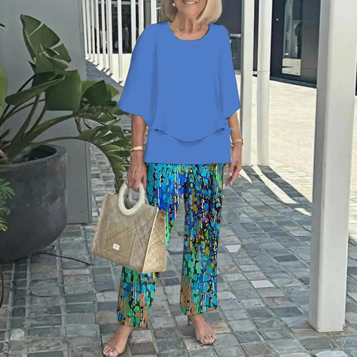 🔥Women’s Printed Pants and Crew Neck Top Set