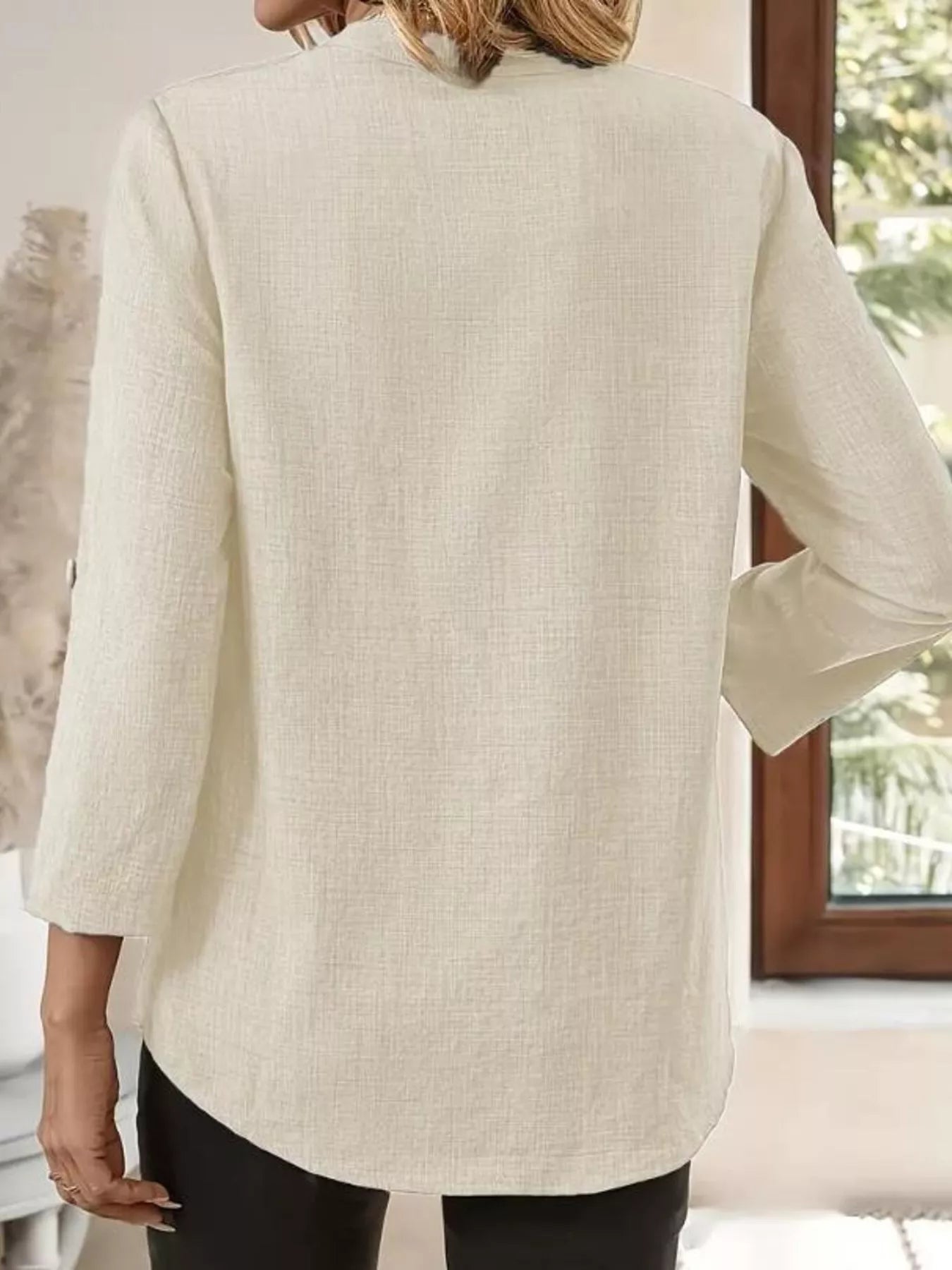 Puredrum Women's Roll-Up Sleeve Notched Neck Blouse, Ivory Casual Button Top