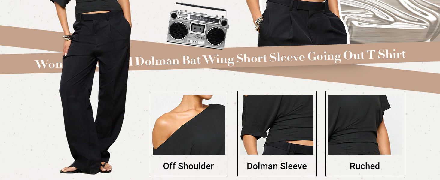 Milumia Women&amp;#39;s Off The Shoulder Crop Top Ruched Dolman Bat Wing Short Sleeve Going Out T Shirt