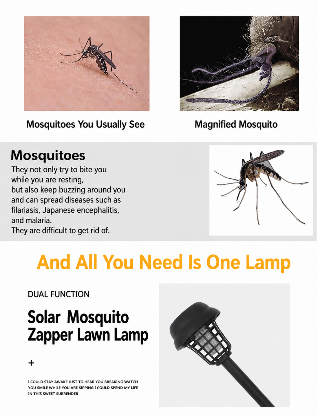 Solar-powered outdoor mosquito killer lamp, lighting, suitable for patios, gardens, camping.