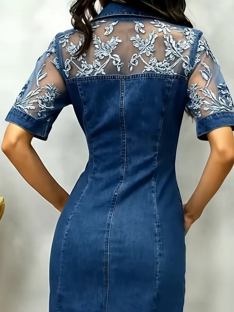 🎁 Last Day Special: 50% OFF 🎁Women's Lace Mesh Denim Shirt Dress