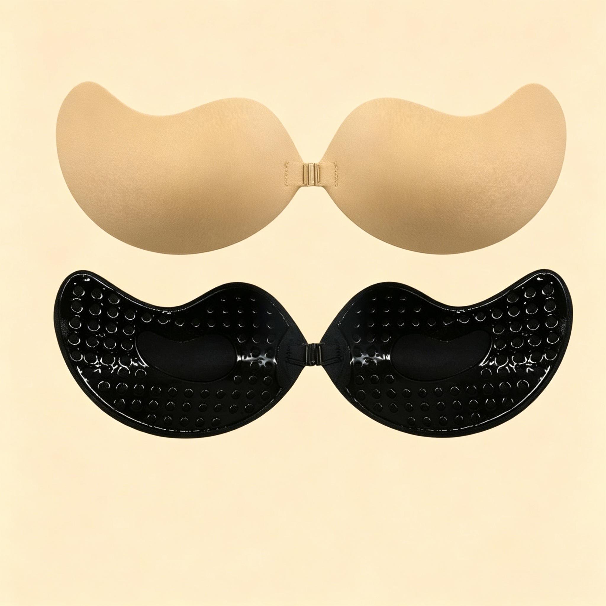 Strapless invisible bra that makes small breasts appear larger; washable and reusable.