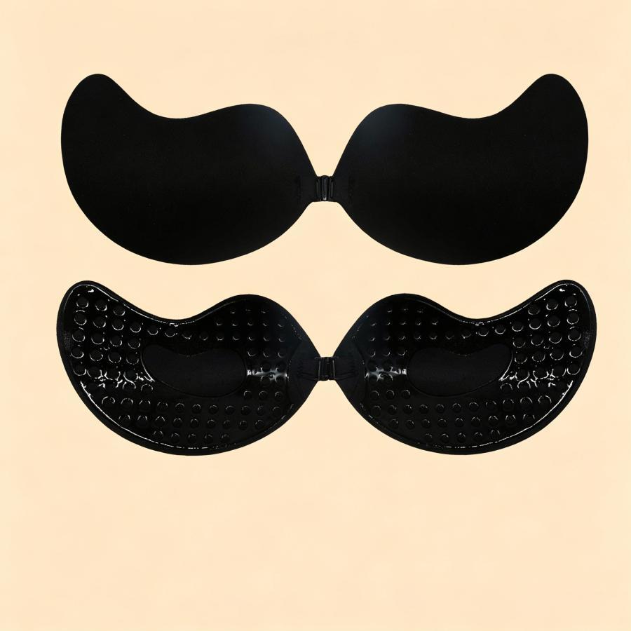 Strapless invisible bra that makes small breasts appear larger; washable and reusable.