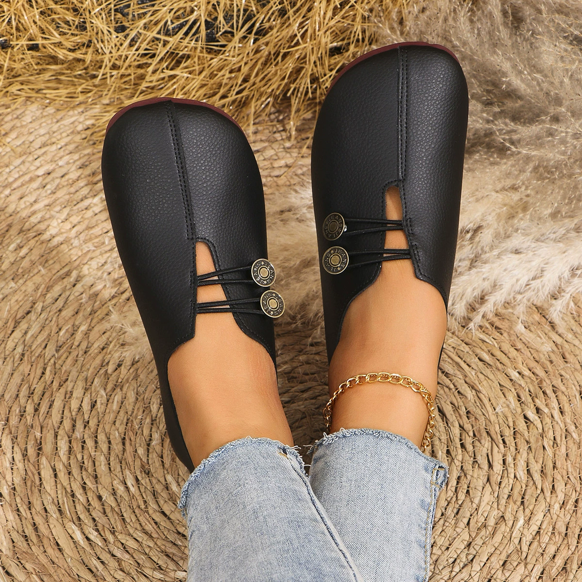 💝Summer Sale ⭐ Women's Elegant soft sole round toe buckle decoration Flat Shoes