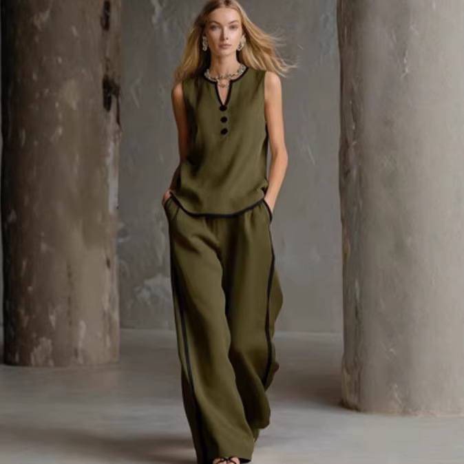 New Summer Arrival: V-Neck Sleeveless Shirt + Wide-Leg Pants Set