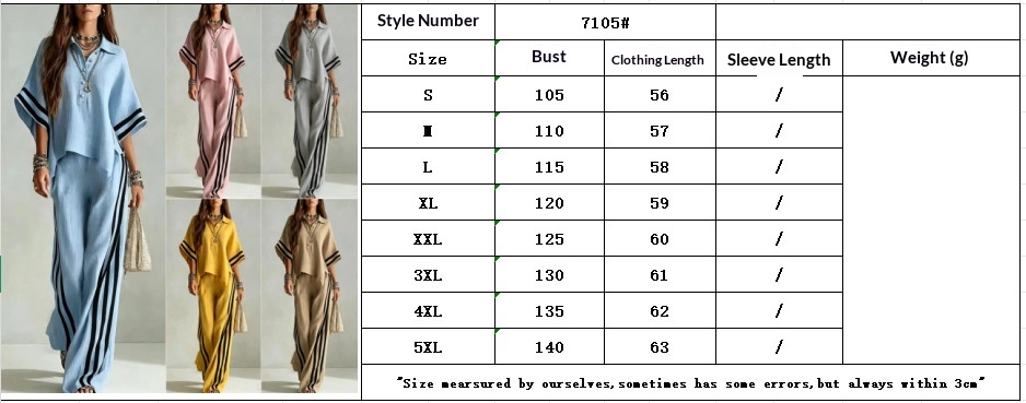 Women's Two-Piece Set size chart detail – shirt and pants measurements