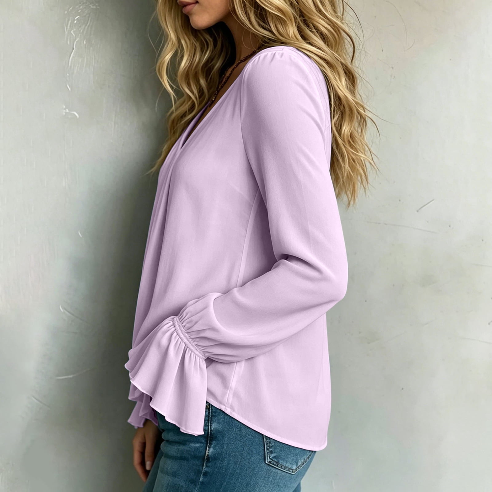 Domzest Womens V Neck Pleated Long Sleeve Loose Fit Blouse Color Elegant Top Casual Flowy Tunic Shirt Lightweight Spring Fall Fashion Trendy Work Office Wear