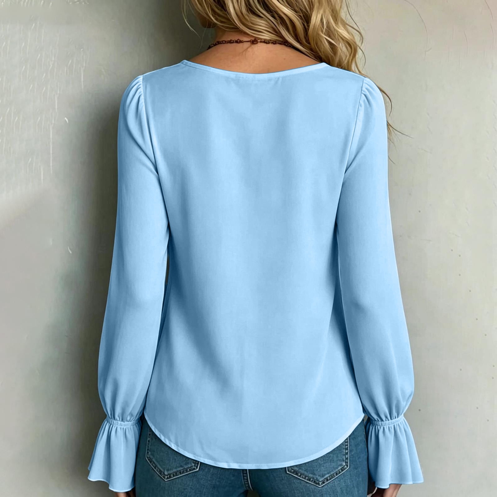 Domzest Womens V Neck Pleated Long Sleeve Loose Fit Blouse Color Elegant Top Casual Flowy Tunic Shirt Lightweight Spring Fall Fashion Trendy Work Office Wear