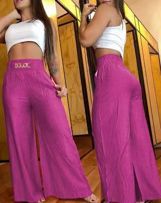 Solid color high-waisted wide-leg pants
