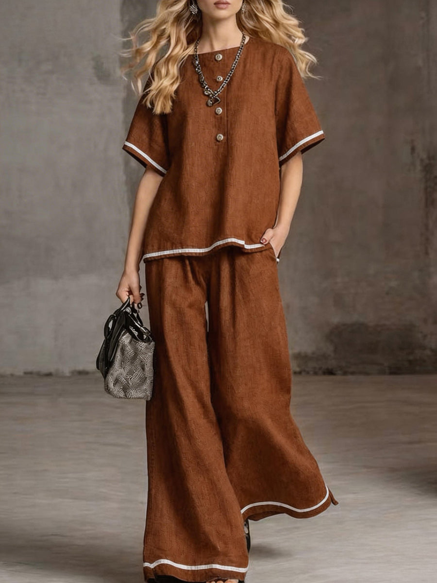 Loose Short Sleeves Buttoned Pockets Solid Color Round-Neck Blouses Top + Pants Bottom Two Pieces Set