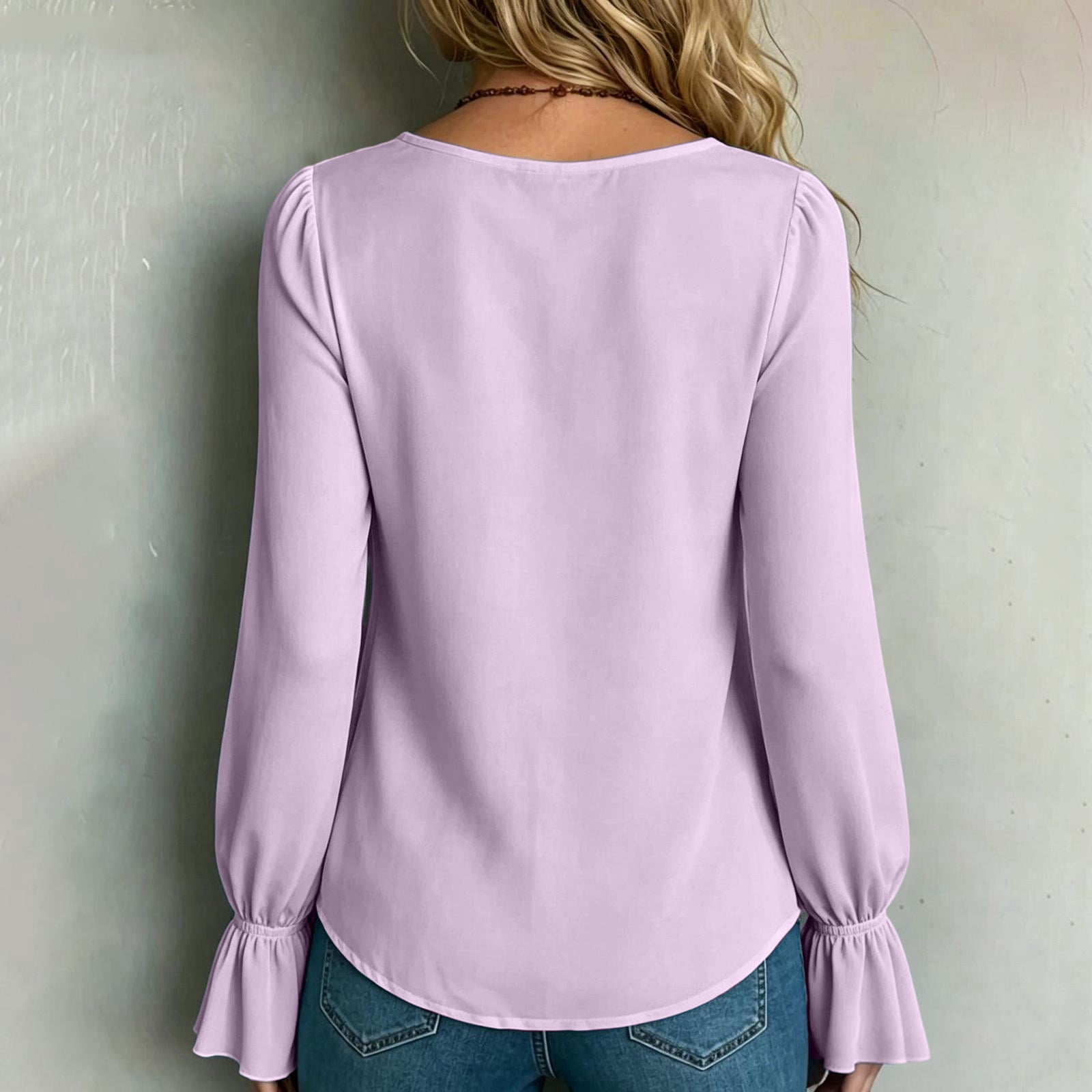 Domzest Womens V Neck Pleated Long Sleeve Loose Fit Blouse Color Elegant Top Casual Flowy Tunic Shirt Lightweight Spring Fall Fashion Trendy Work Office Wear