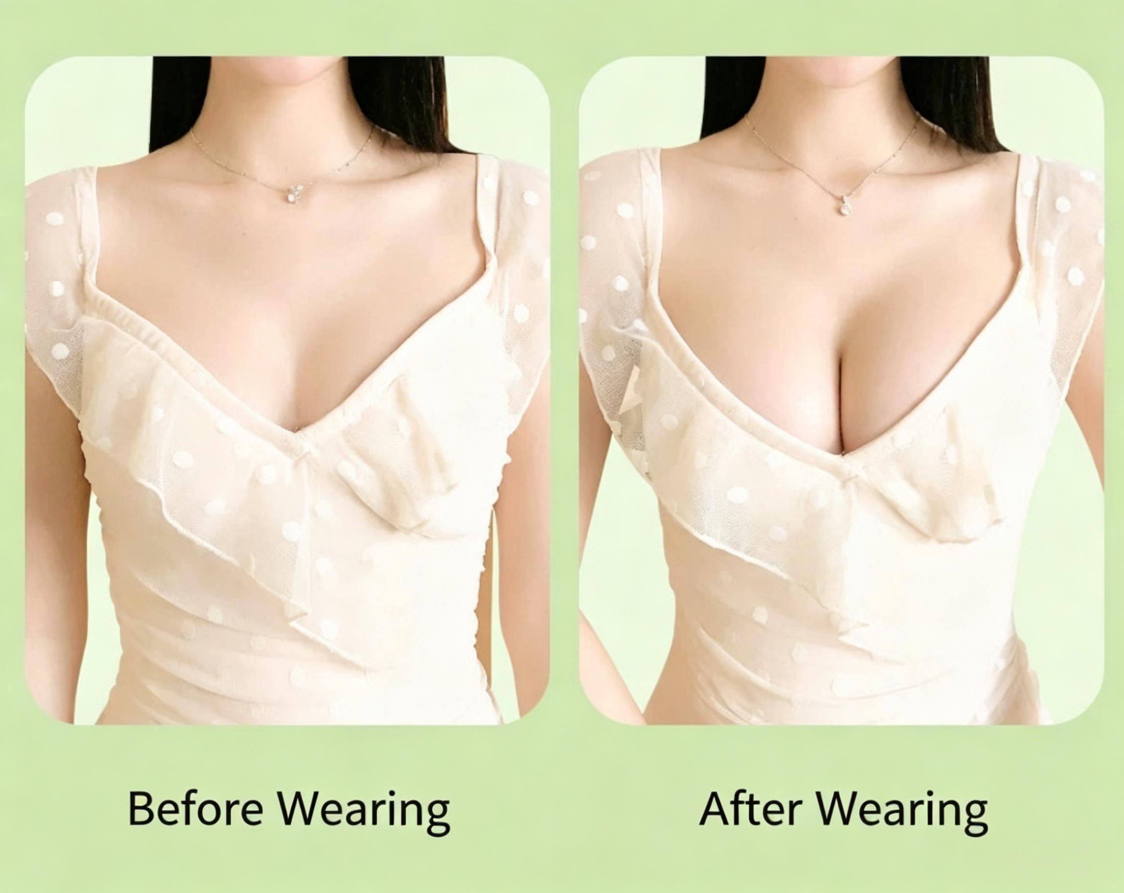 Strapless invisible bra that makes small breasts appear larger; washable and reusable.