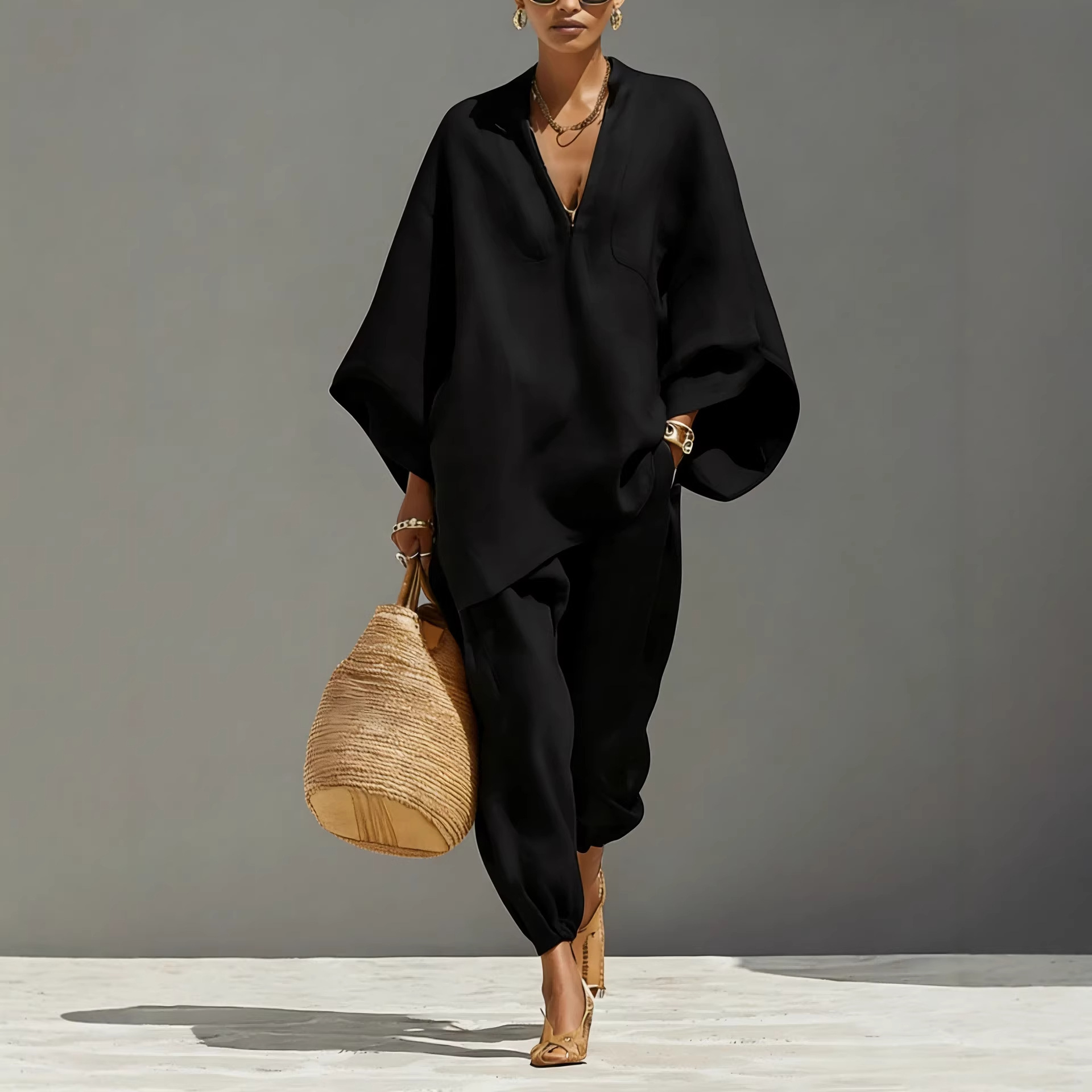 Women's Solid Color V-neck Long Sleeve Casual Loose Cotton Linen Top With Elastic Waist And Wide-leg Pants Set
