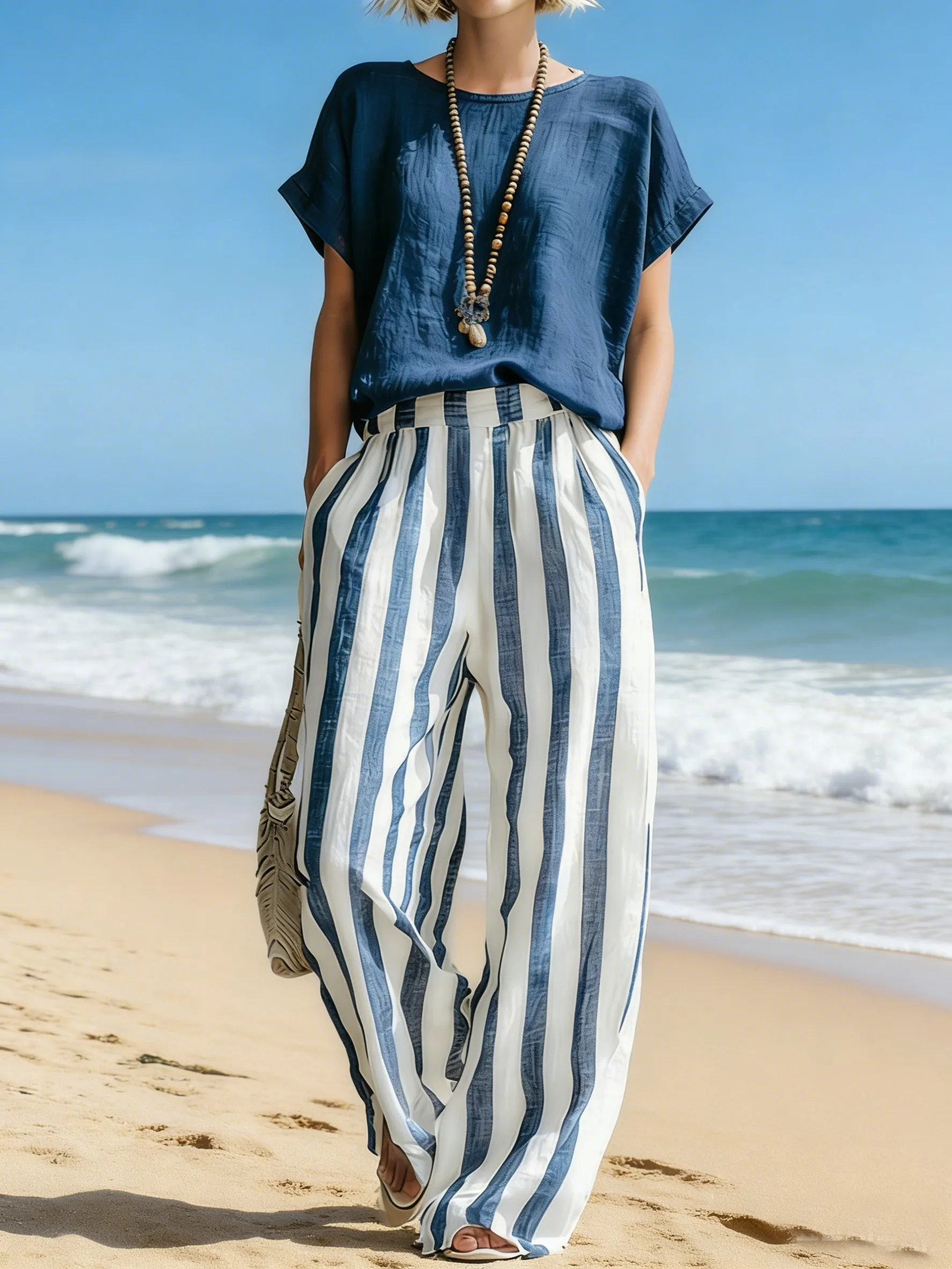 Cozy Loose-fit Striped Cotton-linen Two-piece Set