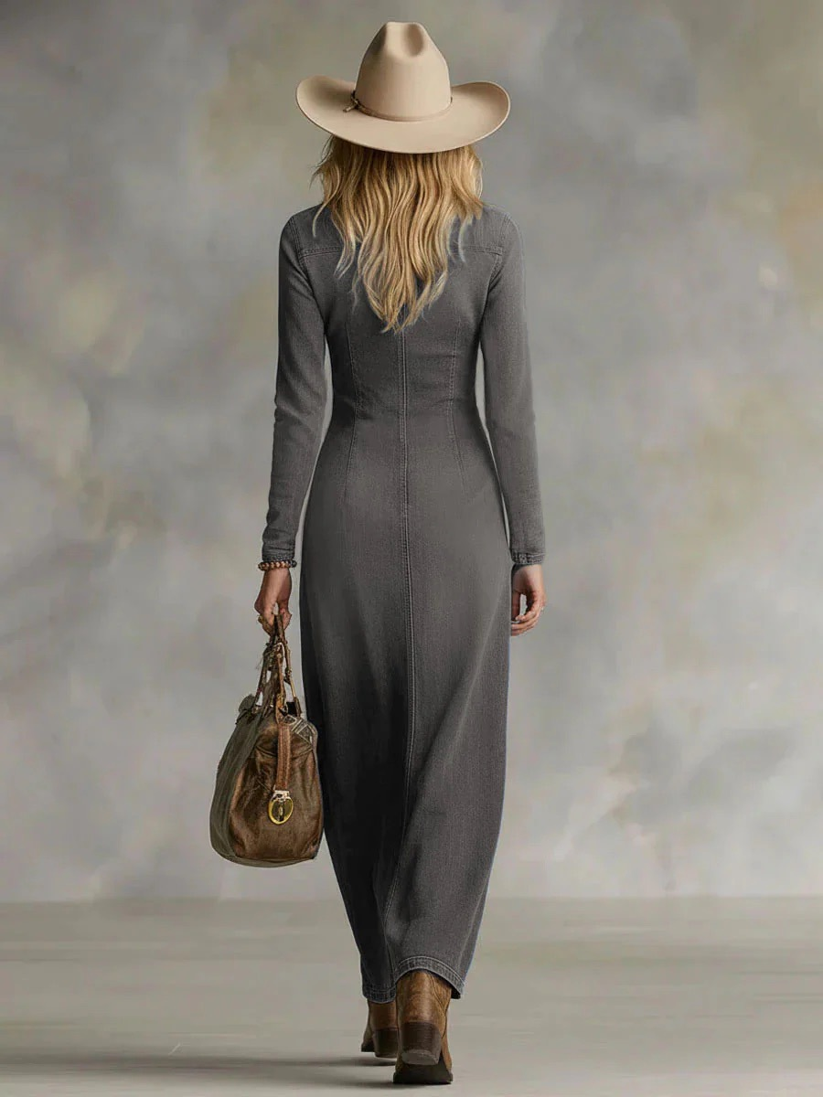 Fitted V-neck denim maxi skirt