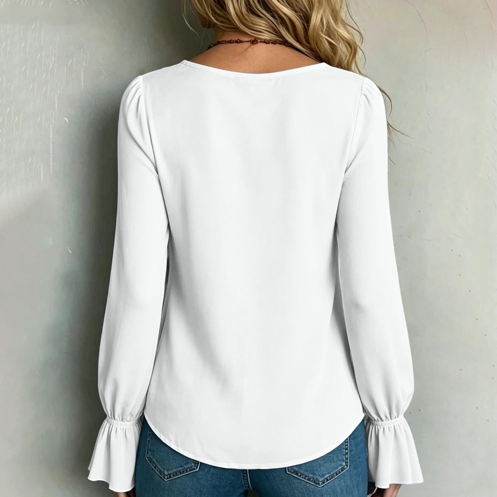 Domzest Womens V Neck Pleated Long Sleeve Loose Fit Blouse Color Elegant Top Casual Flowy Tunic Shirt Lightweight Spring Fall Fashion Trendy Work Office Wear