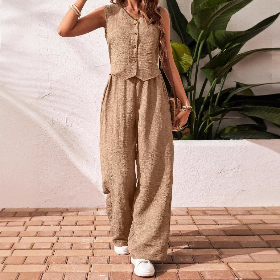 V-Neck Button-Front Vest and Trousers Casual Set