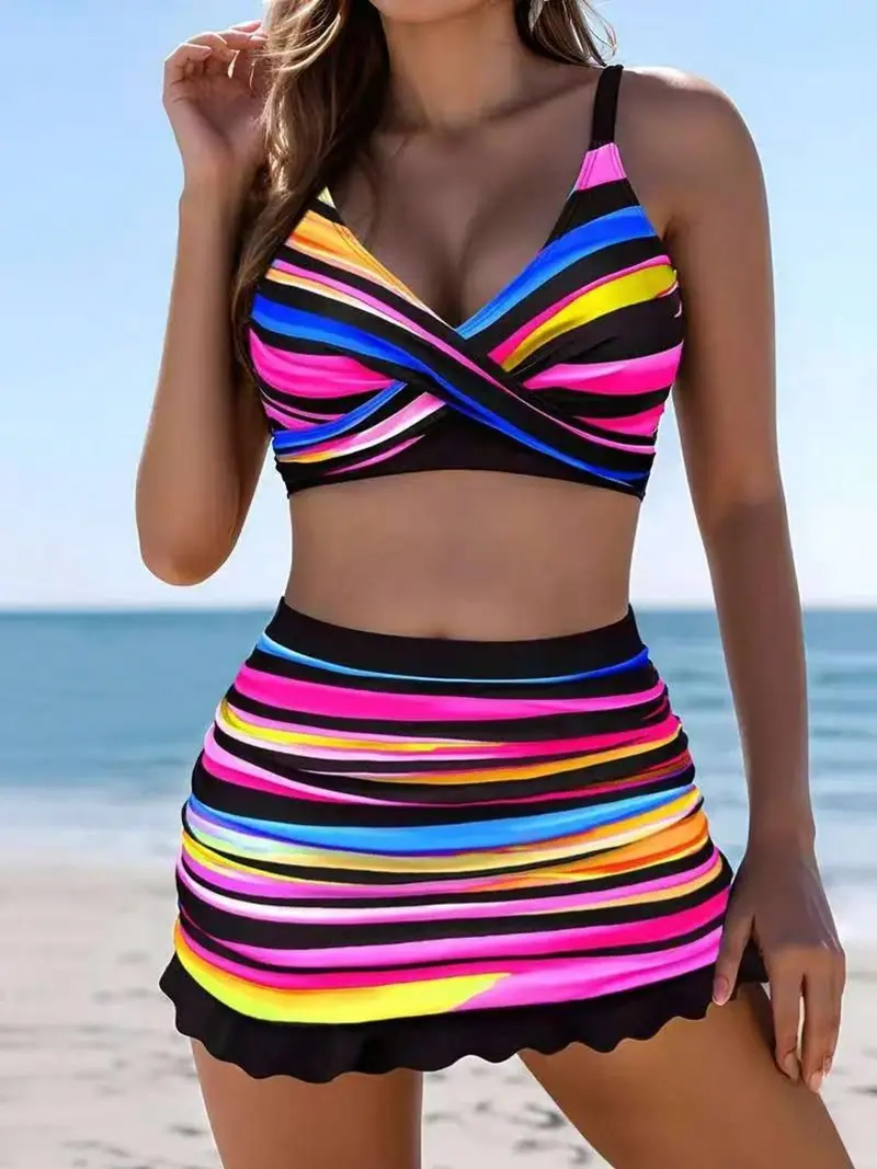 Sexy rainbow striped bikini set swimsuit