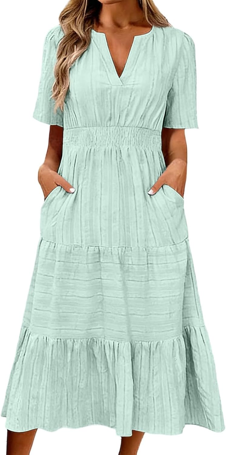 Muslin Dress Women's Summer Dress Casual Linen Dress V-Neck Short Sleeve Casual Dress Summer Large Sizes Beach Dresses Boho Long Light and Airy Dresses with Pockets