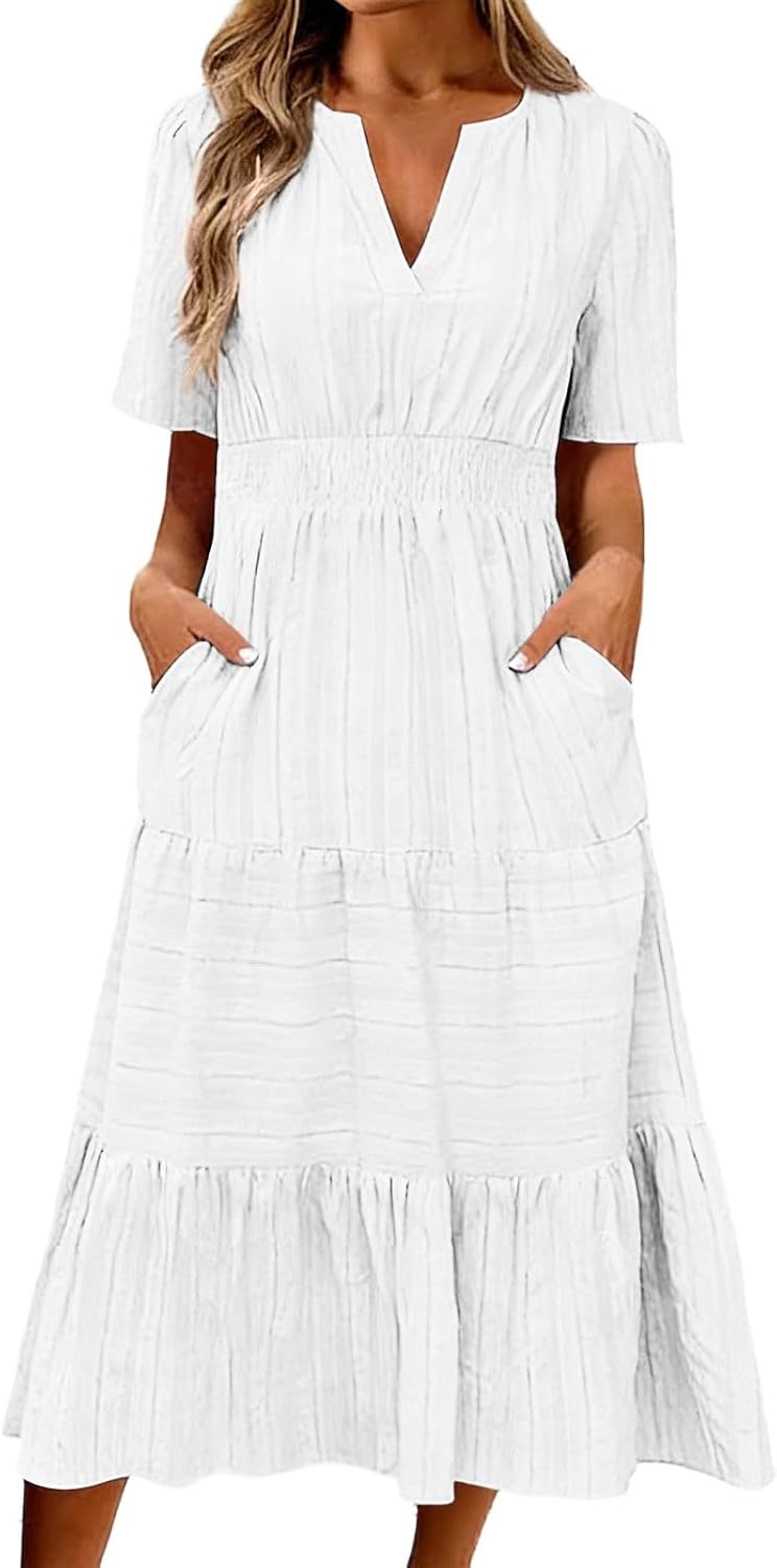 Muslin Dress Women's Summer Dress Casual Linen Dress V-Neck Short Sleeve Casual Dress Summer Large Sizes Beach Dresses Boho Long Light and Airy Dresses with Pockets