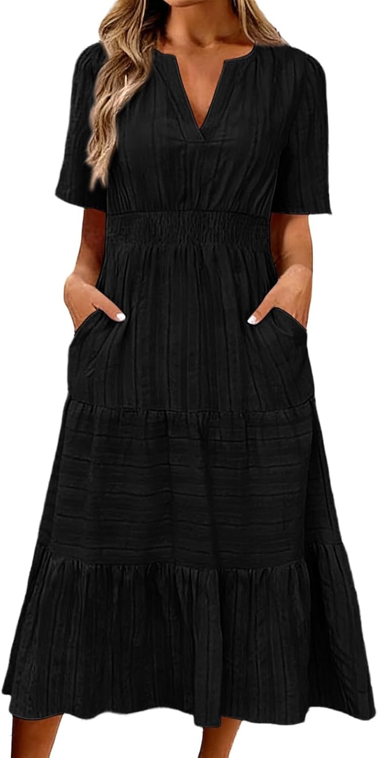 Muslin Dress Women's Summer Dress Casual Linen Dress V-Neck Short Sleeve Casual Dress Summer Large Sizes Beach Dresses Boho Long Light and Airy Dresses with Pockets